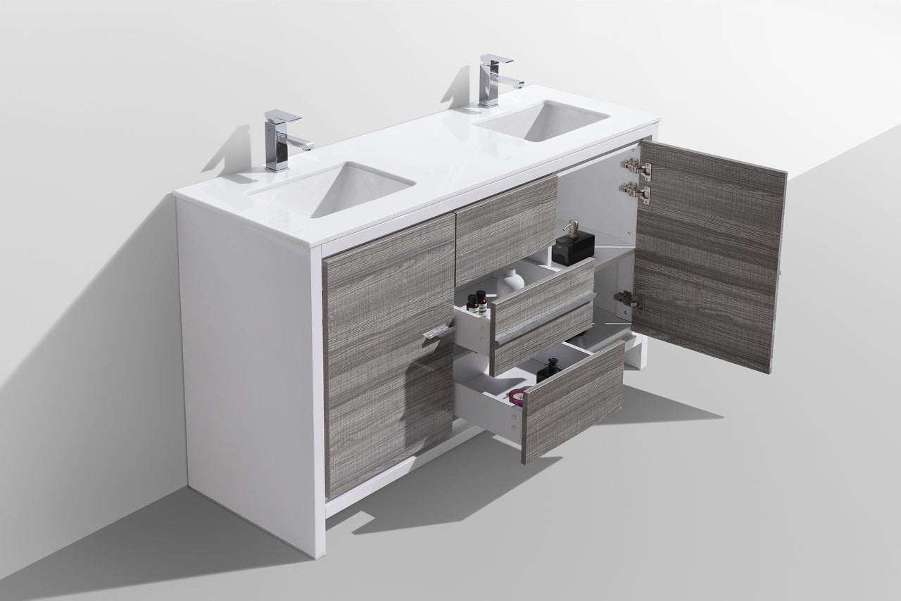 Kube Bath Dolce 60" Double Sink Floor Mount Bathroom Vanity With White Quartz Countertop With 2 Doors And 3 Drawers