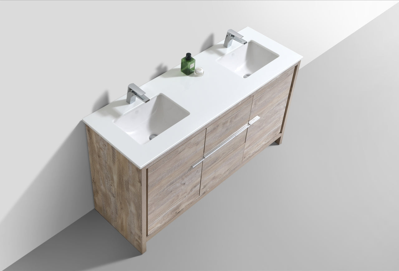 Kube Bath Dolce 60" Double Sink Floor Mount Bathroom Vanity With White Quartz Countertop With 2 Doors And 3 Drawers