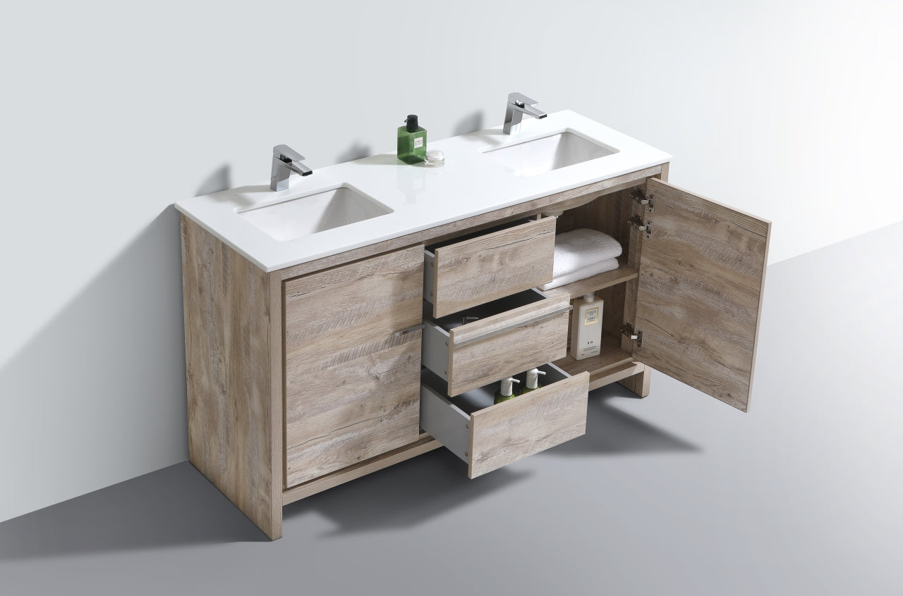 Kube Bath Dolce 60" Double Sink Floor Mount Bathroom Vanity With White Quartz Countertop With 2 Doors And 3 Drawers