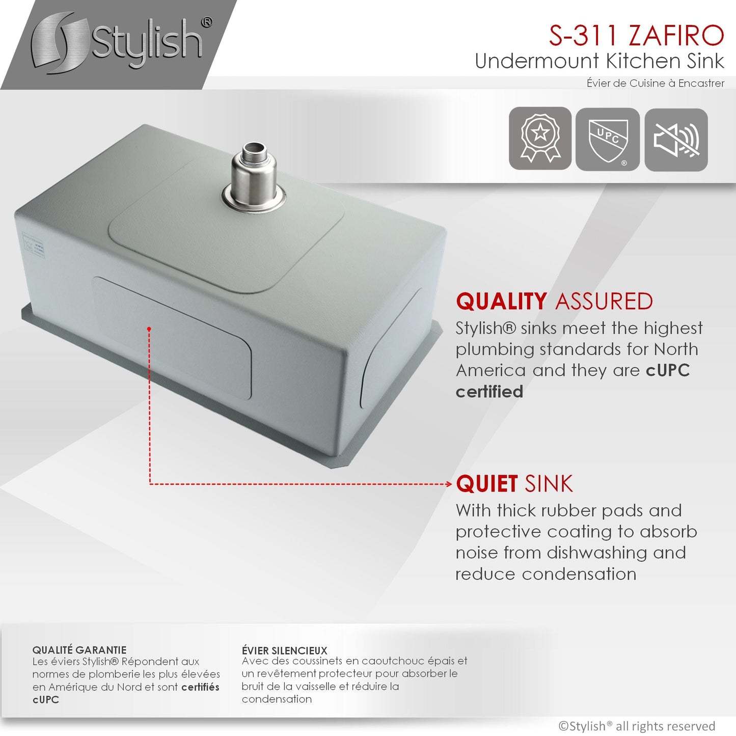 Stylish Zafiro 30" x 18" Single Bowl Undermount Stainless Steel Kitchen Sink S-311XG