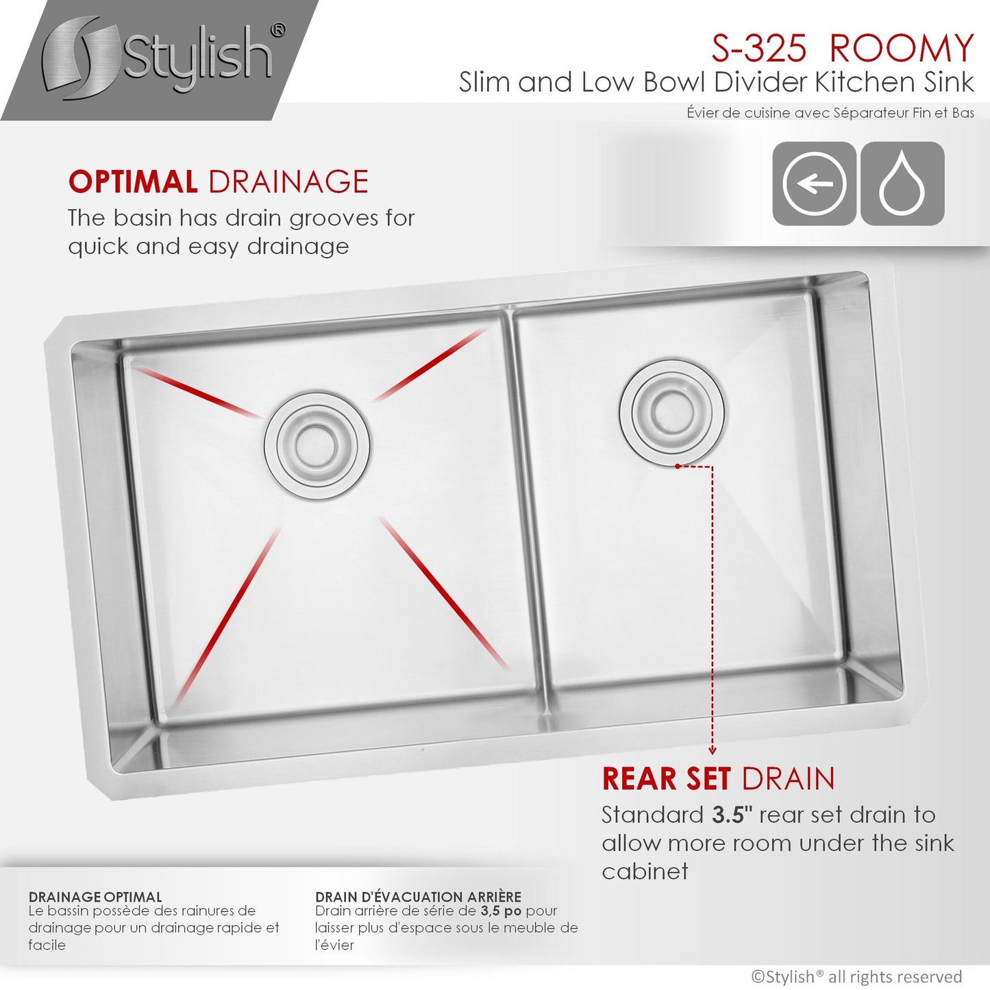 Stylish Roomy 32" x 18" Low Divider 60-40 Double Bowl Undermount Stainless Steel Kitchen Sink S-325XG