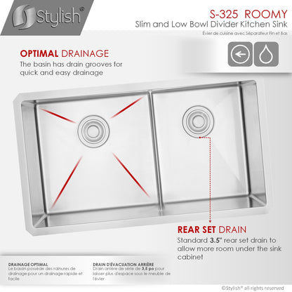 Stylish Roomy 32" x 18" Low Divider 60-40 Double Bowl Undermount Stainless Steel Kitchen Sink S-325XG