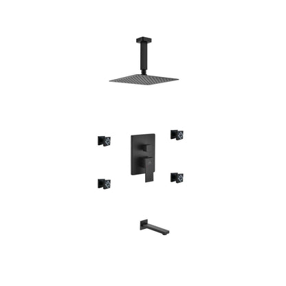 Kube Bath Aqua Piazza Black Shower Set With 8" Ceiling Mount Square Rain Shower, Tub Filler and 4 Body Jets