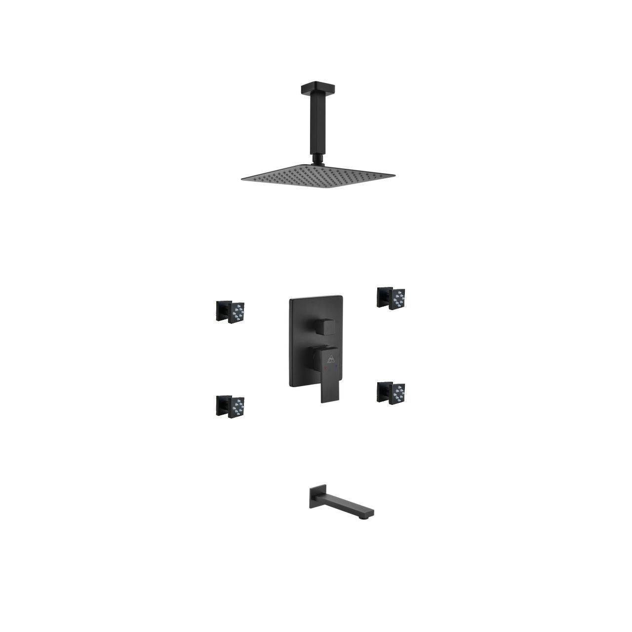 Kube Bath Aqua Piazza Black Shower Set With 8" Ceiling Mount Square Rain Shower, Tub Filler and 4 Body Jets