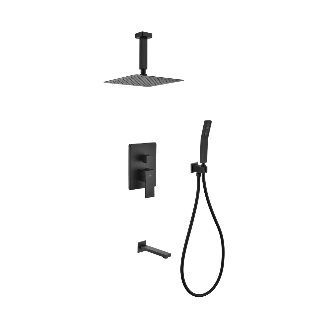 Kube Bath Aqua Piazza Black Shower Set With 8" Ceiling Mount Square Rain Shower, Handheld and Tub Filler