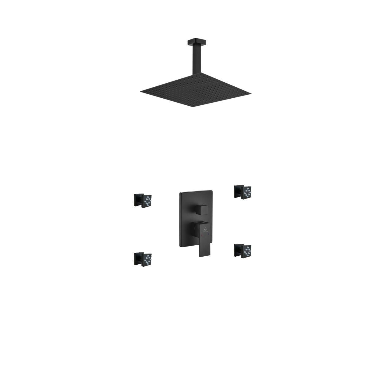 Kube Bath Aqua Piazza Black Shower Set With 12" Ceiling Mount Square Rain Shower and 4 Body Jets
