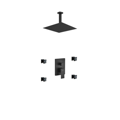 Kube Bath Aqua Piazza Black Shower Set With 12" Ceiling Mount Square Rain Shower and 4 Body Jets