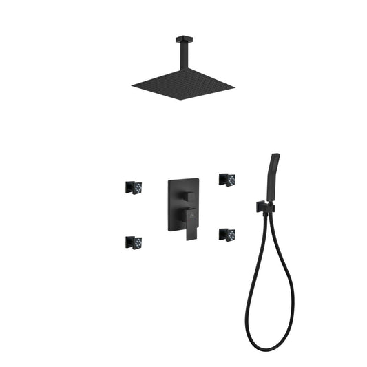 Kube Bath Aqua Piazza Black Shower Set With 12" Ceiling Mount Square Rain Shower, 4 Body Jets and Handheld