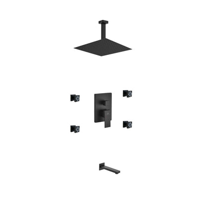 Kube Bath Aqua Piazza Black Shower Set With 12" Ceiling Mount Square Rain Shower, Tub Filler and 4 Body Jets
