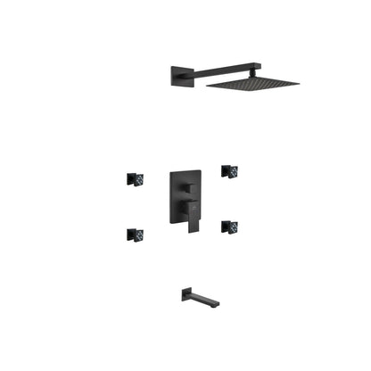 Kube Bath Aqua Piazza Black Shower Set With 8" Square Rain Shower, 4 Body Jets and Tub Filler