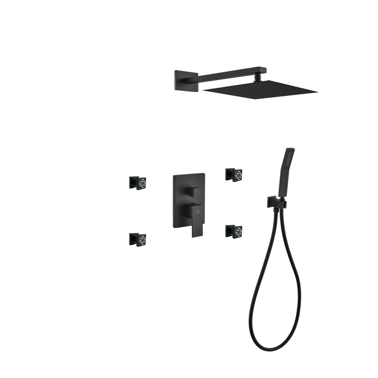 Kube Bath Aqua Piazza Black Shower Set With 12" Square Rain Shower, Handheld and 4 Body Jets