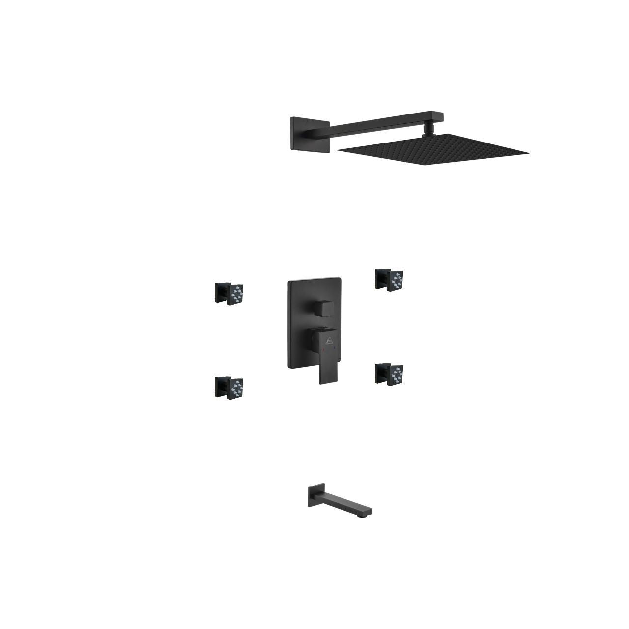 Kube Bath Aqua Piazza Black Shower Set With 12" Square Rain Shower, Tub Filler and 4 Body Jets