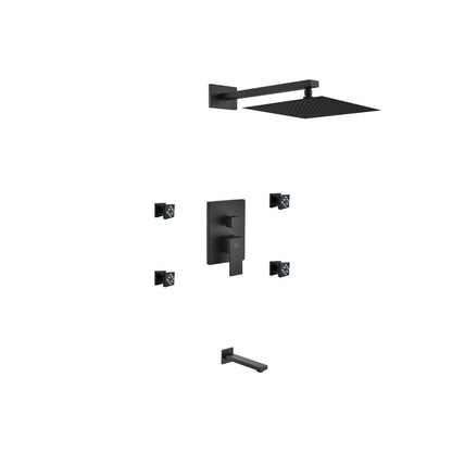 Kube Bath Aqua Piazza Black Shower Set With 12" Square Rain Shower, Tub Filler and 4 Body Jets