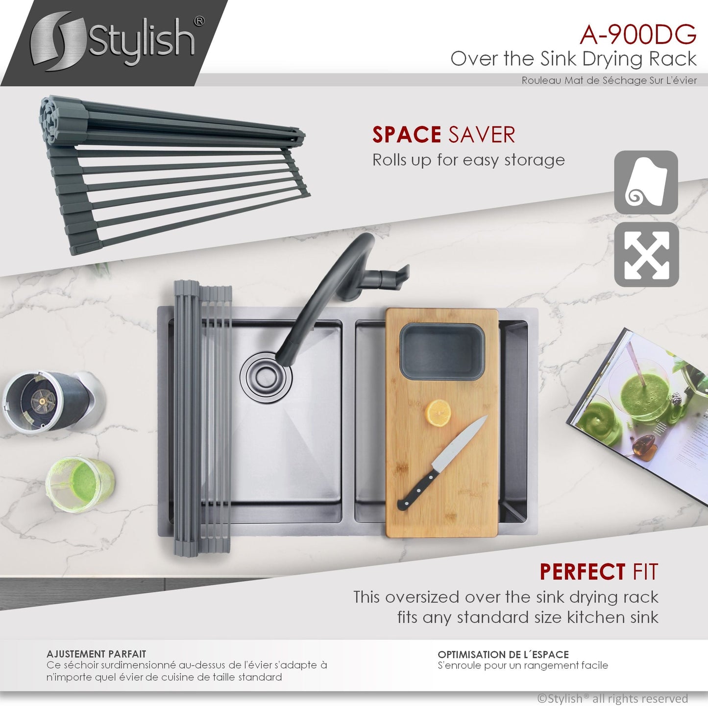 Stylish 20" Over the Sink Roll-up Drying Rack Dark Gray A-900DG