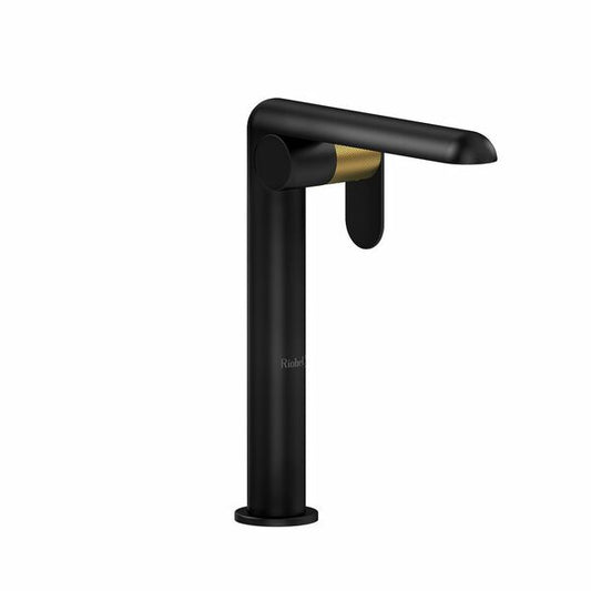 Riobel Ciclo 11 5/8" Single Handle Tall Modern Vessel Lavatory Faucet- Black And Brushed Gold With Knurled Lever Handles