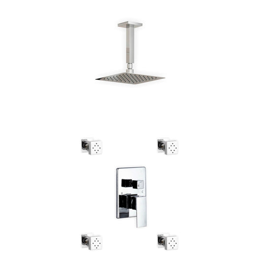 Kube Bath Aqua Piazza Shower Set With 8" Ceiling Mount Square Rain Shower and 4 Body Jets Chrome
