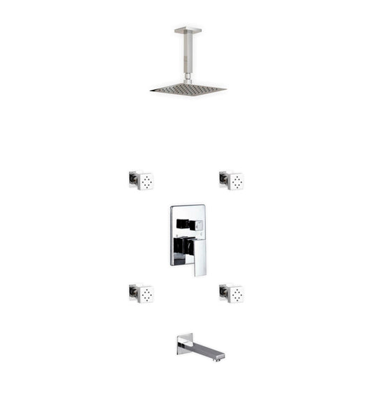 Kube Bath Aqua Piazza Shower Set With 8" Ceiling Mount Square Rain Shower, Tub Filler and 4 Body Jets Chrome