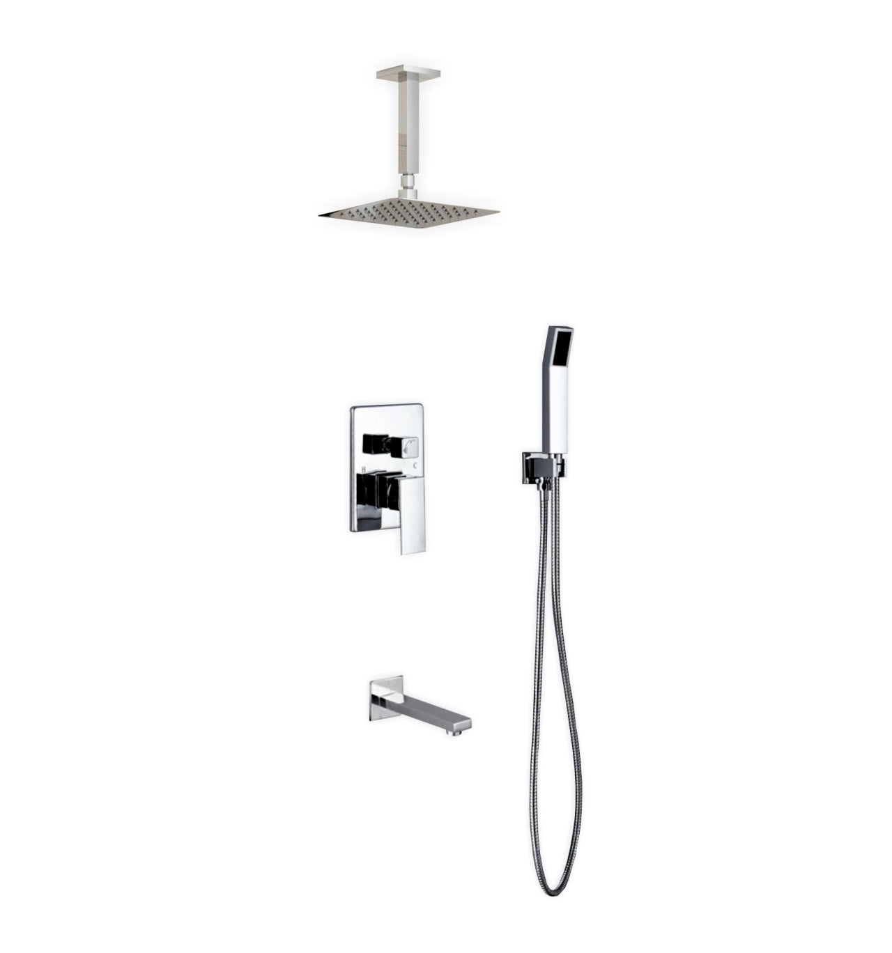 Kube Bath Aqua Piazza Shower Set With 8" Ceiling Mount Square Rain Shower, Handheld and Tub Filler Chrome