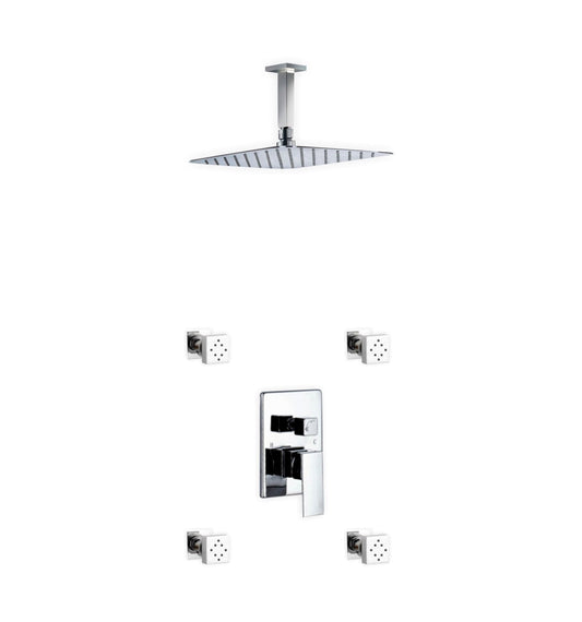 Kube Bath Aqua Piazza Shower Set With 12" Ceiling Mount Square Rain Shower and 4 Body Jets Chrome
