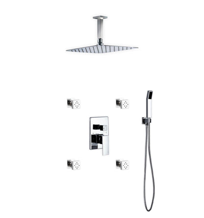 Kube Bath Aqua Piazza Shower Set With 12" Ceiling Mount Square Rain Shower, 4 Body Jets and Handheld Chrome