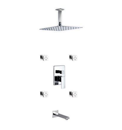 Kube Bath Aqua Piazza Shower Set With 12" Ceiling Mount Square Rain Shower, Tub Filler and 4 Body Jets Chrome
