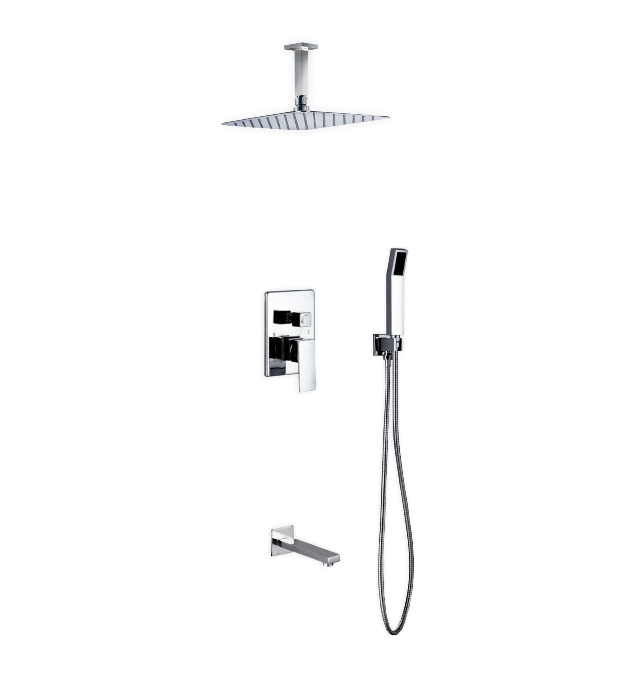 Kube Bath Aqua Piazza Shower Set With 12" Ceiling Mount Square Rain Shower, Handheld and Tub Filler Chrome
