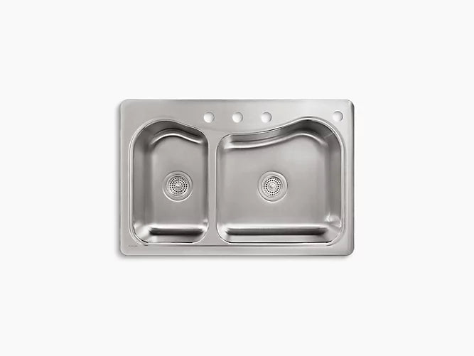 Kohler - 33" X 22" X 8-5/16" Top-mount Large/medium Double-bowl Kitchen Sink With 4 Faucet Holes