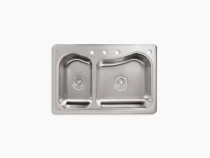 Kohler - 33" X 22" X 8-5/16" Top-mount Large/medium Double-bowl Kitchen Sink With 4 Faucet Holes