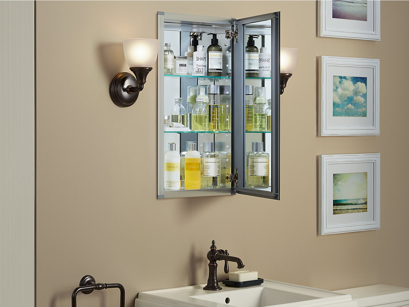 Kohler 15" W x 26" H Aluminum Single Door Medicine Cabinet With Mirrored Door, Beveled Edges