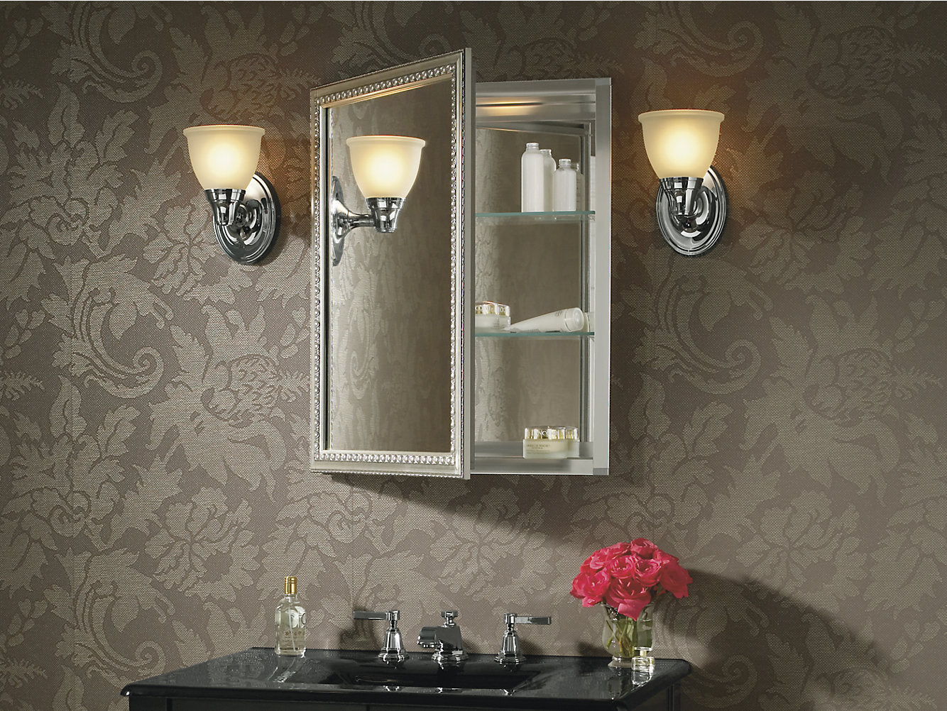 Kohler 20" W x 26" H Aluminum Single Door Medicine Cabinet With Decorative Silver Framed Mirrored Door