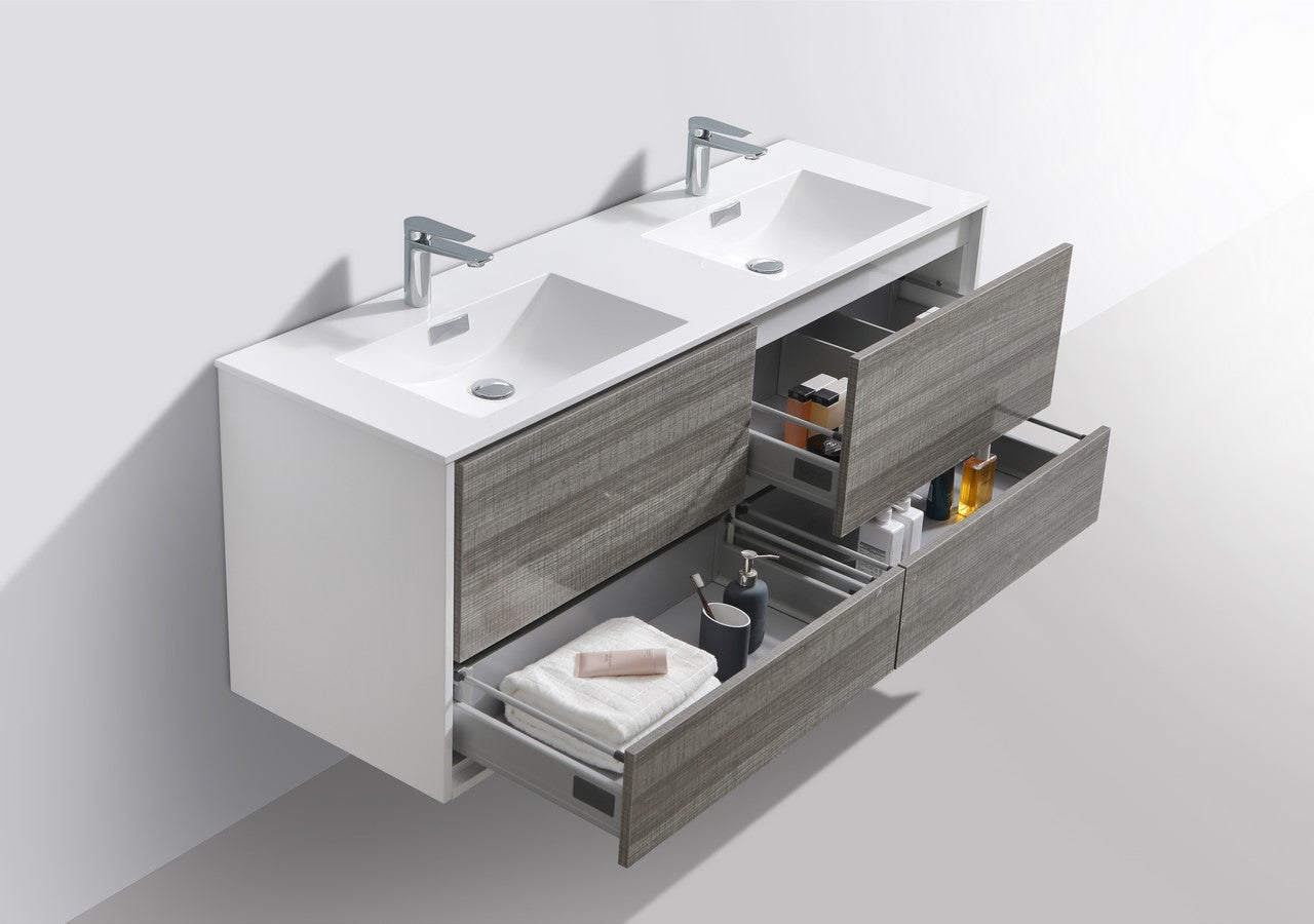 Kube Bath De Lusso 60" Wall Mount / Wall Hung Modern Double Sink Bathroom Vanity With 4 Drawers Acrylic Countertop