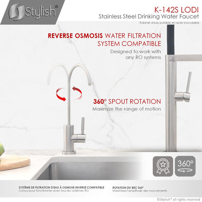 Stylish Lodi 11.25" Kitchen Drinking Water Tap Faucet, Stainless Steel Brushed Finish K-142S