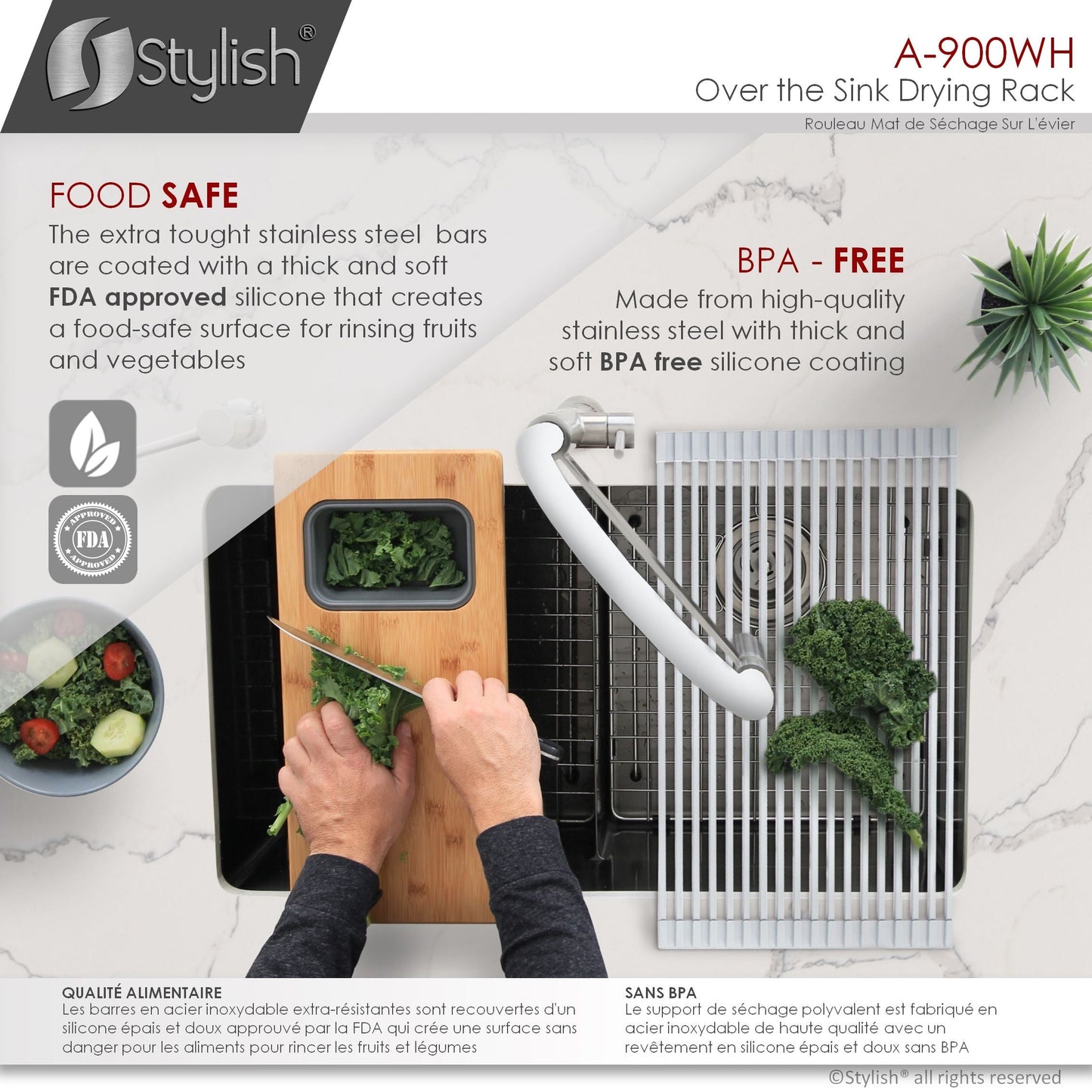 Stylish 20" Over the Sink Roll-up Drying Rack White A-900WH