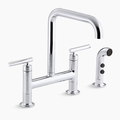 Kohler - Purist Deck-mount Bridge Two-hole Bridge Kitchen Sink Faucet With Sidesprayer - Chromeayer
