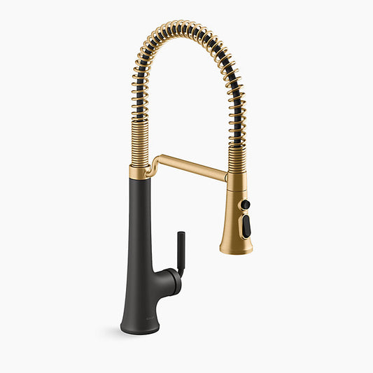 Kohler - Tone Semi-professional Pull-down Kitchen Sink Faucet With Three-function Sprayhead - Matte Black with Moderne Brass