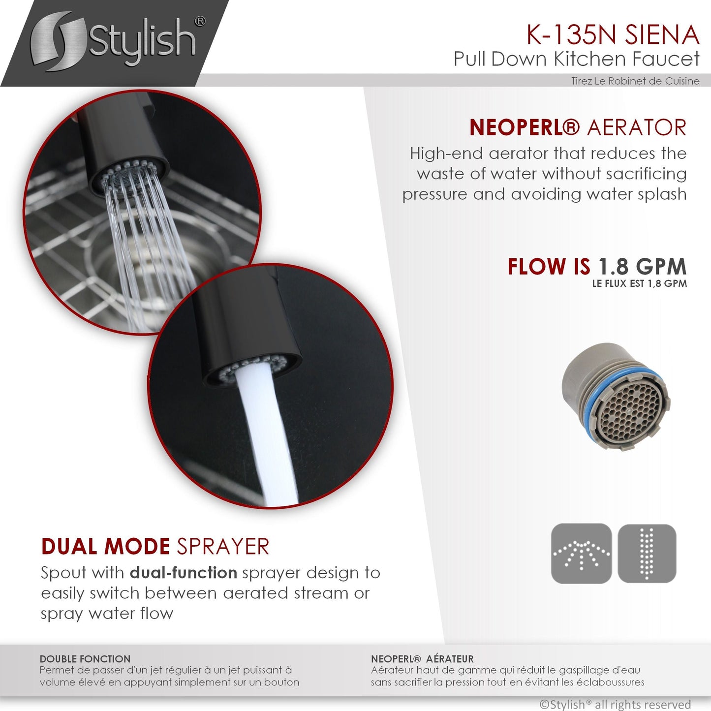 Stylish Siena 17" Kitchen Faucet Single Handle Pull Down Dual Mode Stainless Steel in Matte Black Finish K-135N