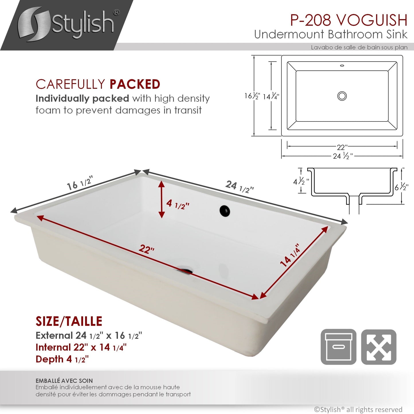 Stylish Voguish 24" x 16" Rectangular Undermount Ceramic Bathroom Sink with 2 Overflow Finishes P-208