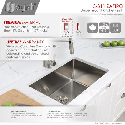 Stylish Zafiro 30" x 18" Single Bowl Undermount Stainless Steel Kitchen Sink S-311XG