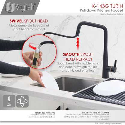 Stylish Turin 17" Kitchen Faucet Single Handle Pull Down Dual Mode Lead Free Matte Black/Gold K-143NG