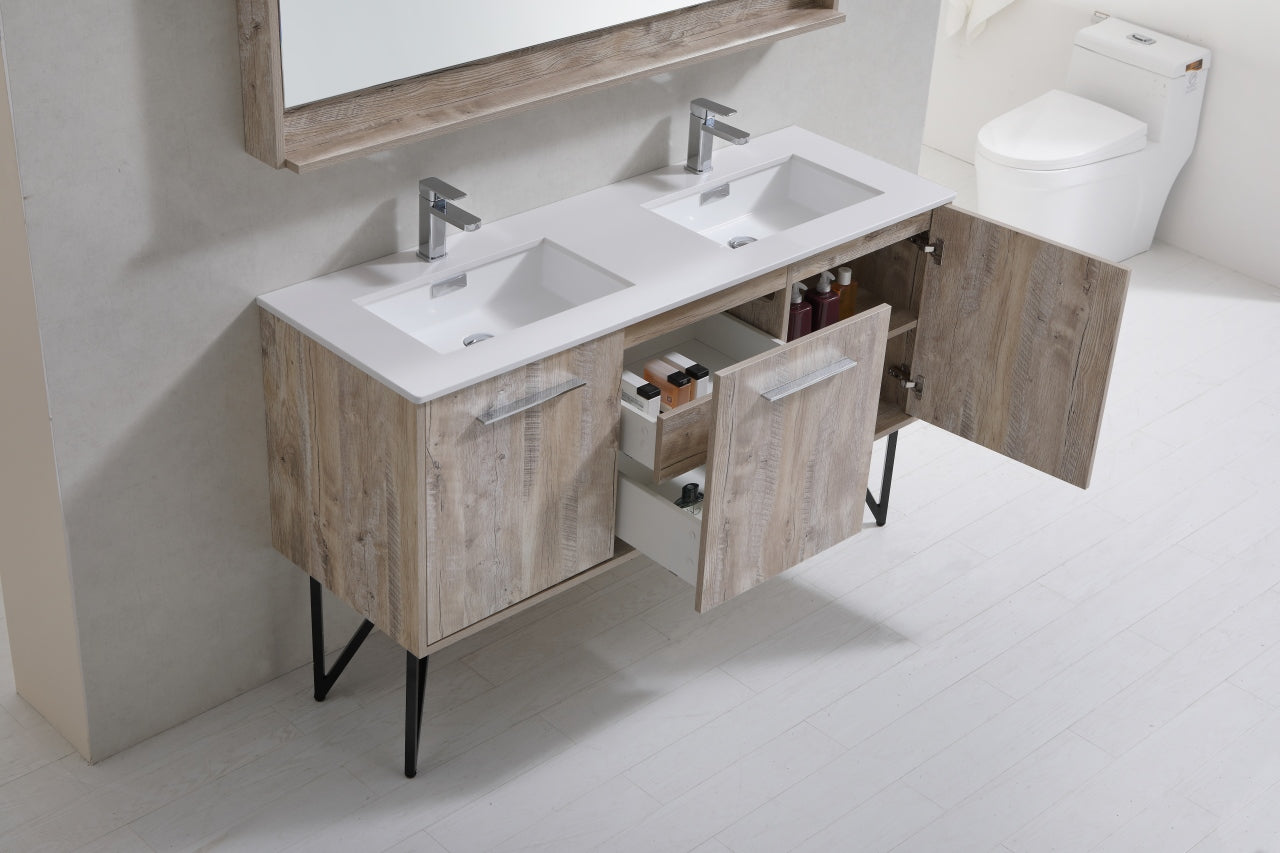 Kube Bath Bosco 60" Bathroom Vanity Double Sink White Quartz Countertop With 2 Doors And 2 Drawers