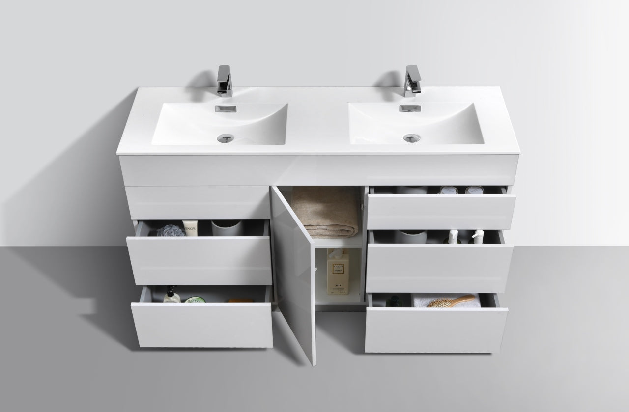 Kube Bath Milano 60" Double Sink Floor Mount Modern Bathroom Vanity With 6 Drawers and 1 Door