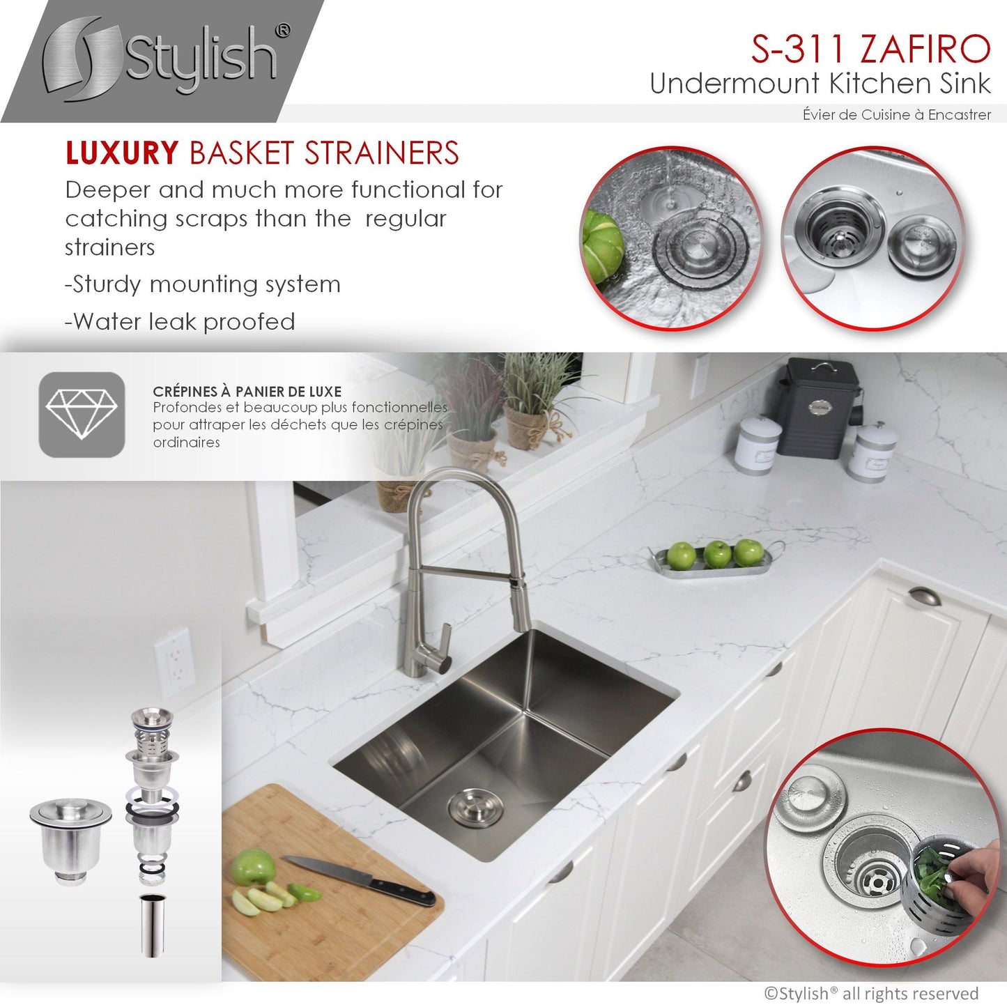 Stylish Zafiro 30" x 18" Single Bowl Undermount Stainless Steel Kitchen Sink S-311XG
