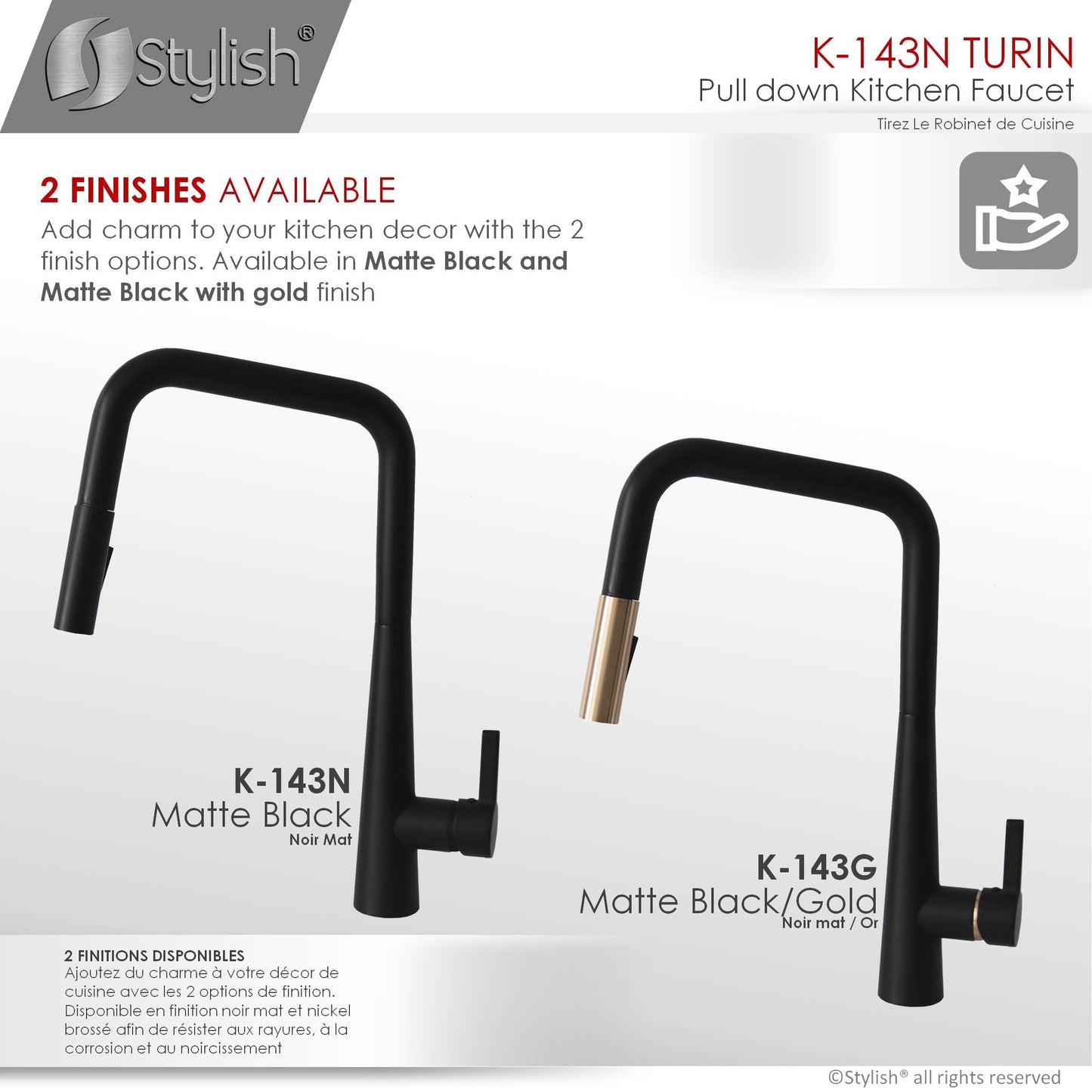 Stylish Turin 17" Kitchen Faucet Single Handle Pull Down Dual Mode Lead Free Matte Black K-143N