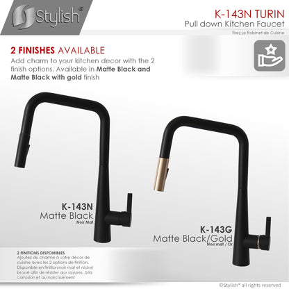 Stylish Turin 17" Kitchen Faucet Single Handle Pull Down Dual Mode Lead Free Matte Black K-143N