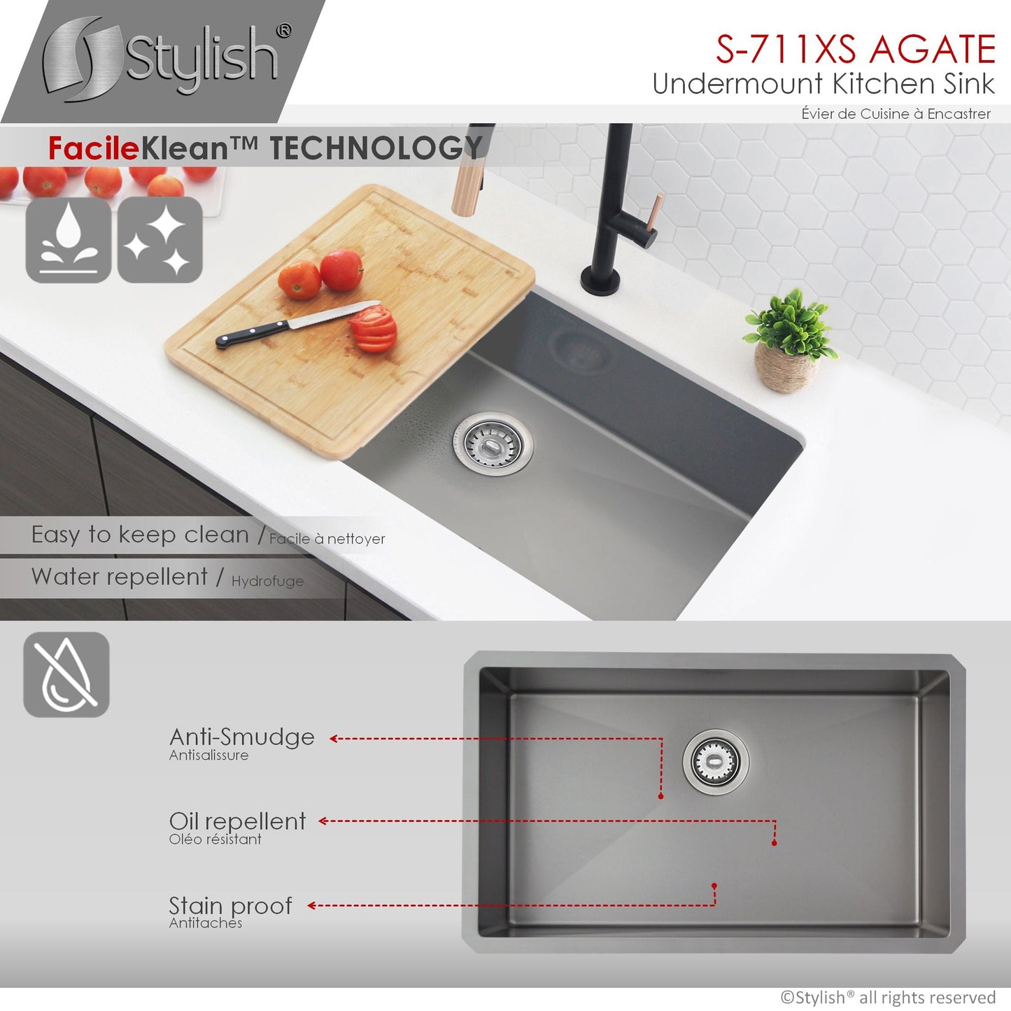 Stylish Agate 30" x 18" Graphite Single Bowl Undermount Stainless Steel Kitchen Sink S-711XN