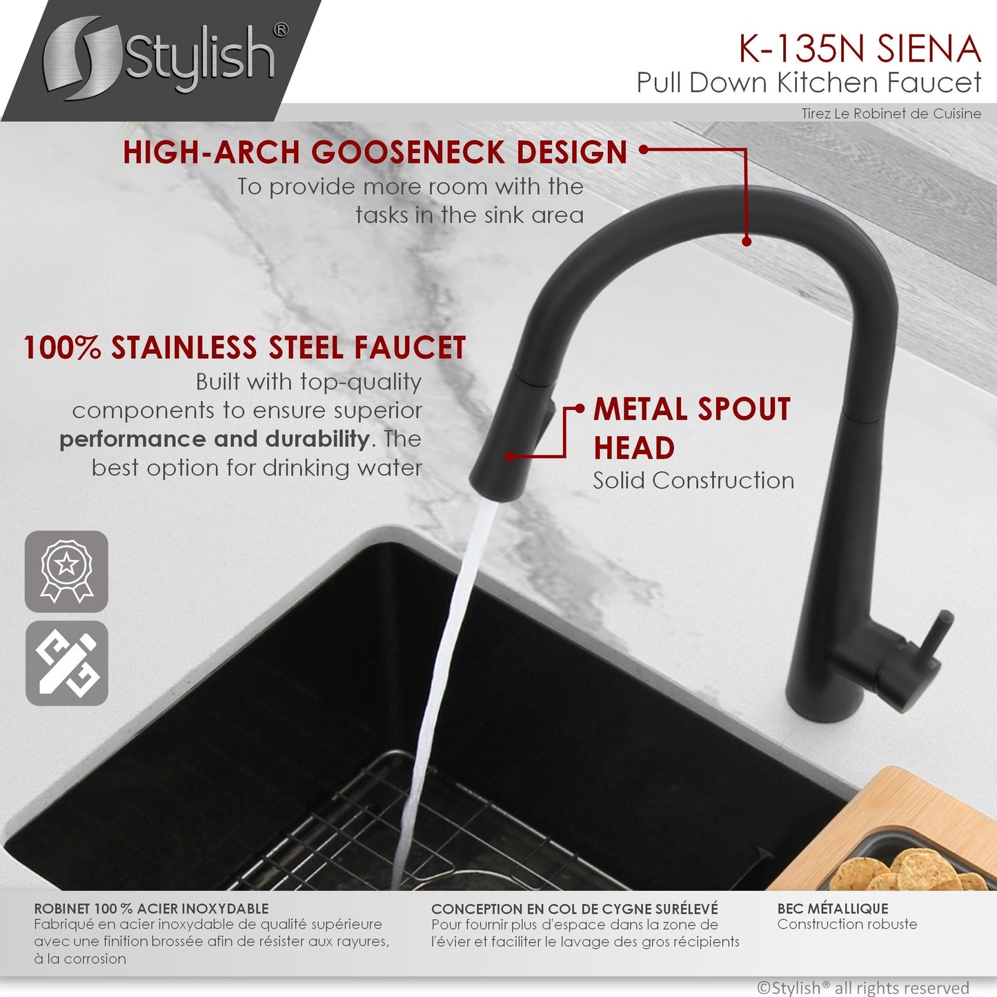 Stylish Siena 17" Kitchen Faucet Single Handle Pull Down Dual Mode Stainless Steel in Matte Black Finish K-135N
