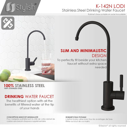 Stylish Lodi 11.25" Kitchen Drinking Water Tap Faucet, Stainless Steel Matte Black Finish K-142N