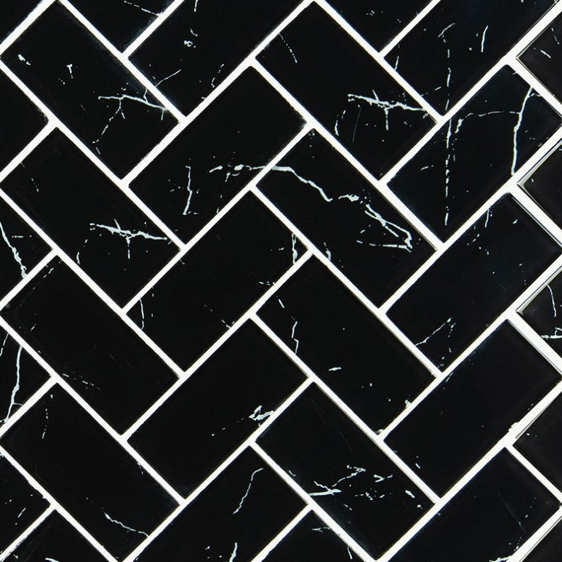 MSI Backsplash and Wall Tile Nero Marquina Glass 2" x 4" Herringbone 8mm