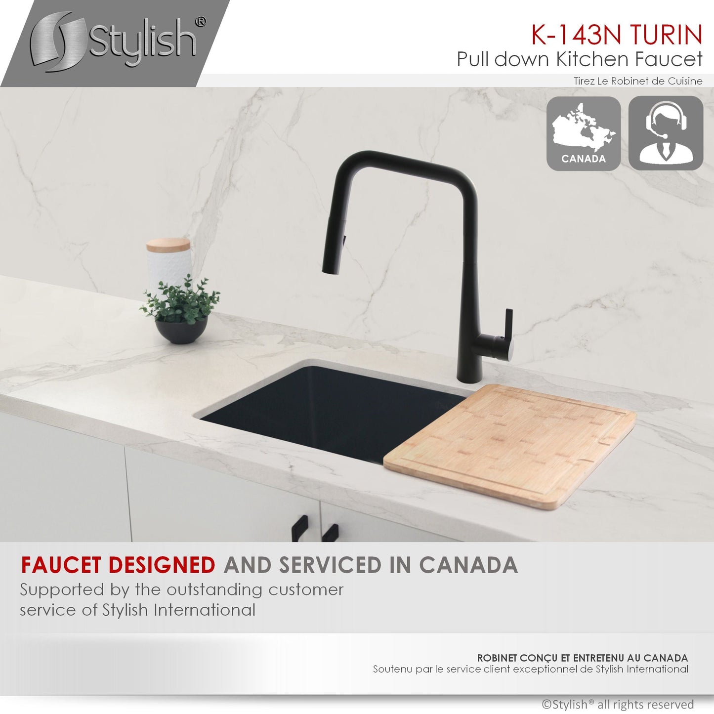 Stylish Turin 17" Kitchen Faucet Single Handle Pull Down Dual Mode Lead Free Matte Black K-143N