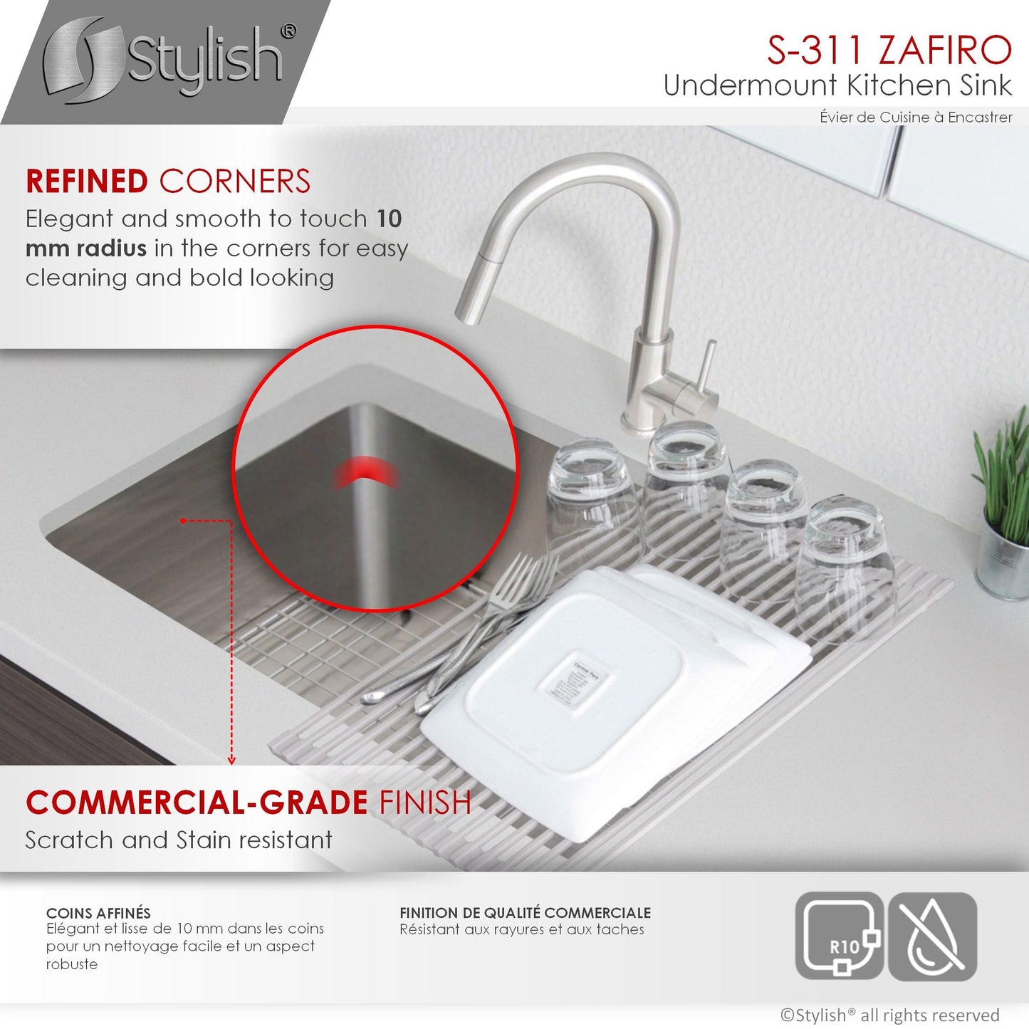 Stylish Zafiro 30" x 18" Single Bowl Undermount Stainless Steel Kitchen Sink S-311XG